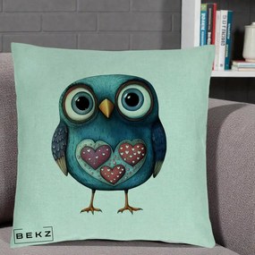 Perna Decorativa Bufnita Teal cu Doua Inimi, 40x40 cm, Verde Menta, Husa Detasabila, Perna Inclusa, BEKZ®