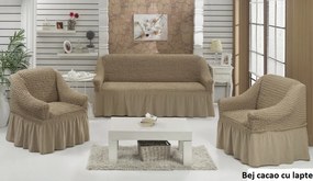 Set huse elastice si creponate pentru canapea 3 locuri si 2 fotolii, cu volanas, culoare Bej Cacao cu lapte