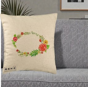 Perna Decorativa Coroana Florala Acuarela, 40x40 cm, Bej, Husa Detasabila, Perna Inclusa, BEKZ®