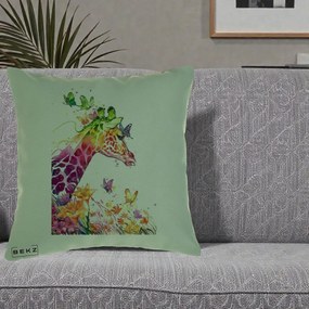 Perna Decorativa Girafa Curcubeu Acuarela, 40x40 cm, Verde, Husa Detasabila, Perna Inclusa, BEKZ®