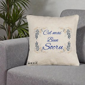 Cadou pentru Socru - Perna Personalizata Cel mai Bun Socru cu Ramuri Frunze Albastre si Aurii, 40x40 cm, Bej Canapea, Husa Detasabila, Perna Inclusa, BEKZ®