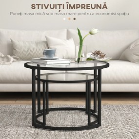 HOMCOM Set de 2 Mese de Cafea Suprapozabile din Sticlă și Oțel, Ø70x47.5 cm și Ø54x42.5 cm, Negru | Aosom Romania
