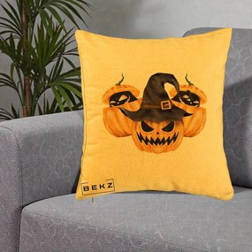 Perna Decorativa Trio Dovleci Jack-o-Lantern cu Palarie Vrajitoare, 40x40 cm, Galben, Husa Detasabila, Perna Inclusa, BEKZ®