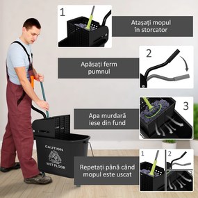 HOMCOM Cărucior Profesional pentru Curățenie cu Găleată pentru Mop de 20L, 60x27x70,5 cm, Negru | Aosom Romania