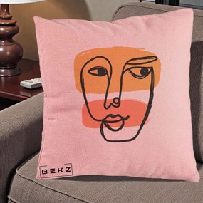 Perna Decorativa Portret Abstract Line Art Portocaliu, 40x40 cm, Roz, Husa Detasabila, Perna Inclusa, BEKZ®