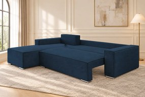 Colțar extensibil Livia Mini din catifea reiată, bleumarin, colț pe stânga, cu ladă de depozitare