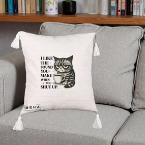 Perna Decorativa I Like the Sound You Make Pisica, 40x40 cm, Bej cu Franjuri, Husa Detasabila, Perna Inclusa, BEKZ®