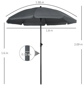 Outsunny Umbrelă de Plajă din Poliester/Oțel, 8 Nervuri, Tetieră Înclinabilă 45°, Gri | Aosom Romania