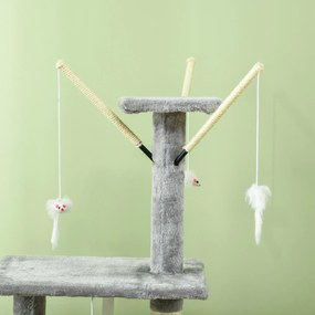 PawHut Turelă pentru pisici cu căsuță, stâlp de ascuțit gheare, platforme și 4 șoricei, din lemn, pluș și sisal, 50x35x134.2 cm, gri | Aosom Romania