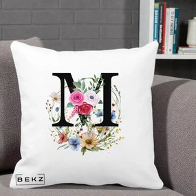 Cadou Personalizat - Perna Personalizata Monogram Litera M cu Flori Acuarela, 40x40 cm, Alba Mata, Husa Detasabila, Perna Inclusa, BEKZ®