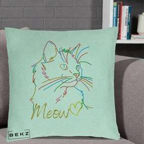 Perna Personalizata Pisica Meow Arta Linie Colorata, 40x40 cm, Verde Menta, Husa Detasabila, Perna Inclusa, BEKZ®