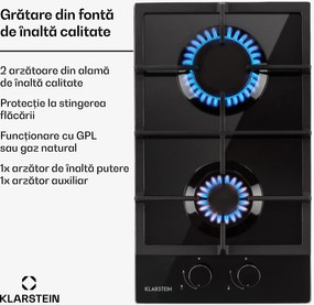 Klarstein Ignito Domino, plită de gaze, 2 arzătoare, arzător Sabaf, sticlă ceramică, negru