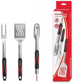 Set 3 ustensile pentru gratar Klausberg BBQ KB 7899, Cleste, Furculita, Spatula, Orificiu de agatat, Otel inoxidabil, Negru/Rosu