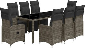 vidaXL Set bistro de grădină cu perne, 9 piese, gri, poliratan