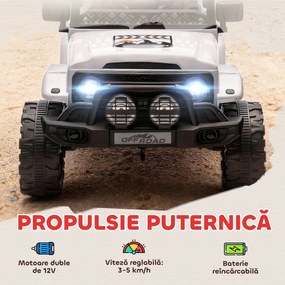 AIYAPLAY Off-road pentru Copii cu Faruri, Claxon, Centură și Telecomandă, în PP și Metal, 99x66x68.5 cm, Alb | Aosom Romania
