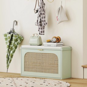 HOMCOM Banc pentru pantofi, banc de depozitare, șezut căptușit, sertar rabatabil, ușă din ratan, 80 x 26 x 47,5 cm, verde | Aosom Romania