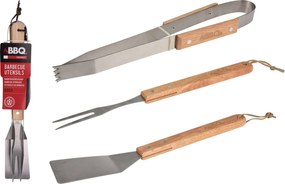 Set ustensile BBQ din inox si lemn, 3 piese , cleste, furculita si paleta pentru gratar