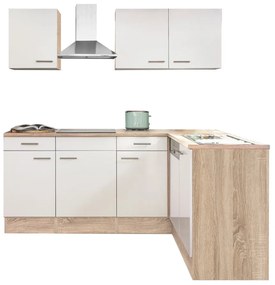 Mobilă de bucătărie de colț Yorki 220, corp din stejar Sonoma, cu față alb satinat