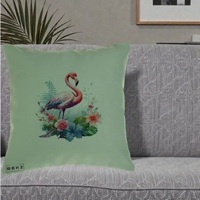 Perna Decorativa Flamingo cu Flori Tropicale Acuarela, 40x40 cm, Verde, Husa Detasabila, Perna Inclusa, BEKZ®