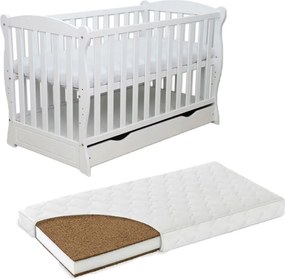 RESIGILAT Patut din lemn masiv 120x60 cm Bethany alb cu sertar, include saltea cocos 120x60x8 cm