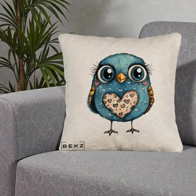 Perna Decorativa Bufnita Albastra cu Inimioare, 40x40 cm, Bej Canapea, Husa Detasabila, Perna Inclusa, BEKZ®
