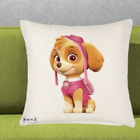 Perna Personalizata Skye PAW Patrol Roz, 40x40 cm, Crem Reliefat, Husa Detasabila, Perna Inclusa, BEKZ®