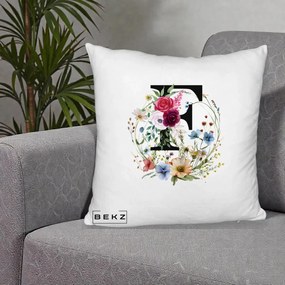 Cadou Personalizat - Perna Personalizata Monogram Litera F cu Flori Acuarela, 40x40 cm, Alb Pufos, Husa Detasabila, Perna Inclusa, BEKZ®