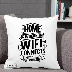 Perna Decorativa Home Is Where WiFi Connects, 40x40 cm, Alba Mata, Husa Detasabila, Perna Inclusa, BEKZ®