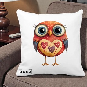 Perna Decorativa Bufnita Rosie cu Inimi Aurii, 40x40 cm, Alba Mata, Husa Detasabila, Perna Inclusa, BEKZ®