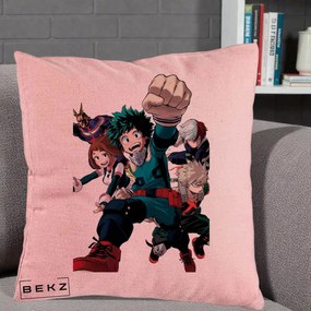 Perna Personalizata My Hero Academia Izuku Deku si Echipa, 40x40 cm, Roz, Husa Detasabila, Perna Inclusa, BEKZ®