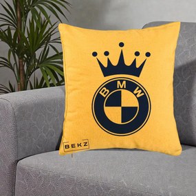 Perna Personalizata cu emblema BMW si Coroana, 40x40 cm, Galben, Husa Detasabila, Perna Inclusa, BEKZ®