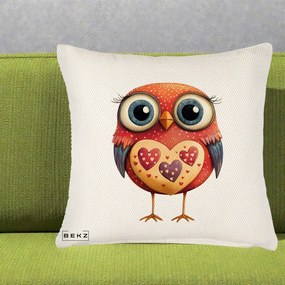Perna Decorativa Bufnita Rosie cu Inimi Aurii, 40x40 cm, Crem Reliefat, Husa Detasabila, Perna Inclusa, BEKZ®