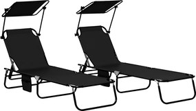 Outsunny Set de 2 șezlonguri pliabile cu copertină, spătar reglabil în 5 trepte, Negru | Aosom Romania