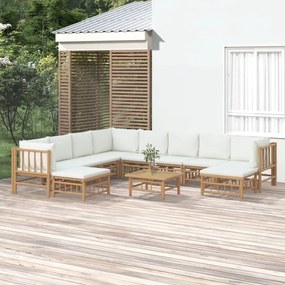 Set mobilier de gradina, cu perne alb crem, 11 piese, bambus