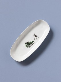 Platou de servire din ceramică albă, formă ovală, cu motive de iarnă pictate manual, 2,5 × 25 × 11.5 cm, „Slalom"