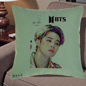 Perna Personalizata K-pop BTS Jimin Portret Artistic Multicolor cu Autograf, 40x40 cm, Verde, Husa Detasabila, Perna Inclusa, BEKZ®