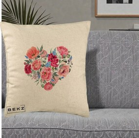 Perna Decorativa Inima din Bujori Acuarela, 40x40 cm, Bej, Husa Detasabila, Perna Inclusa, BEKZ®