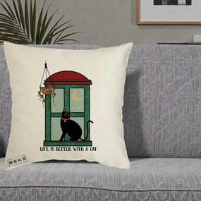 Perna Personalizata Life is Better with a Cat Geam, 40x40 cm, Ecru, Husa Detasabila, Perna Inclusa, BEKZ®