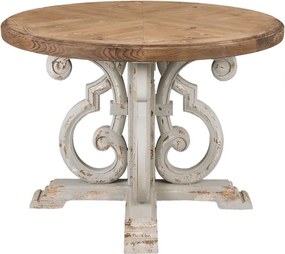 Masă dining rotundă din lemn, natur, 4–5 locuri, cu picior central în volute, finisaj antichizat, 85 x 120 cm, „Aimée”