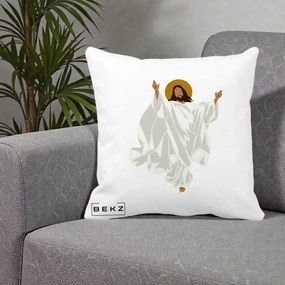 Perna Decorativa Iisus Hristos Invierea Silueta Minimalista, 40x40 cm, Alba Mata, Husa Detasabila, Perna Inclusa, BEKZ®