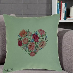 Perna Decorativa Inima din Bujori Acuarela, 40x40 cm, Verde, Husa Detasabila, Perna Inclusa, BEKZ®