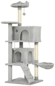 PawHut Arbore Zgâriător pentru Pisici Înalt de 140 cm cu 2 Căsuțe, Hamac, Pat și Stâlpi din Sisal, Gri | Aosom Romania