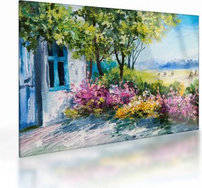 Tablou pe sticlă - Grădina din fața casei, pictură în ulei (70x50 cm)