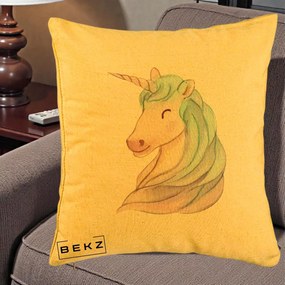 Perna Decorativa Unicorn Acuarela Pastel, 40x40 cm, Galben, Husa Detasabila, Perna Inclusa, BEKZ®