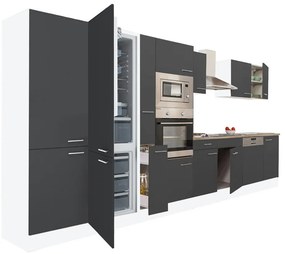 Mobilă de bucătărie Yorki 430, corp alb, față antracit satinat, frigider cu congelator inferior