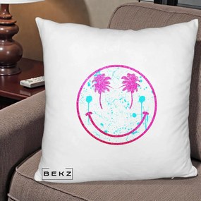 Perna Decorativa Smiley Face Tropical Glitter Roz, 40x40 cm, Alb Pufos, Husa Detasabila, Perna Inclusa, BEKZ®