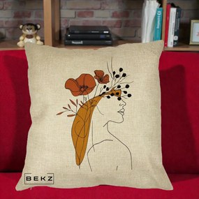 Perna Decorativa Portret Feminin Maci Rosii Auriu, 40x40 cm, Crem, Husa Detasabila, Perna Inclusa, BEKZ®