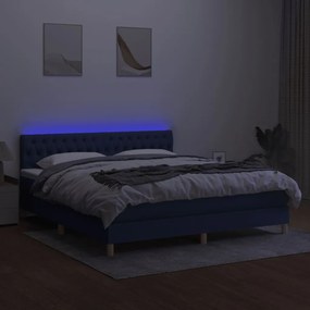 Pat cu arcuri, saltea si LED, albastru, 160x200 cm, textil Albastru, 160 x 200 cm, Design cu nasturi
