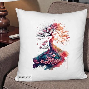 Perna Decorativa Copac Sakura Acuarela Fantasy, 40x40 cm, Alb Pufos, Husa Detasabila, Perna Inclusa, BEKZ®