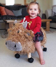 Little Bird Told Me - Vacuta Hubert Highland, Ride On Animal Toy, pentru copii de peste 1 an, Cadru robust din lemn, Scaun captusit